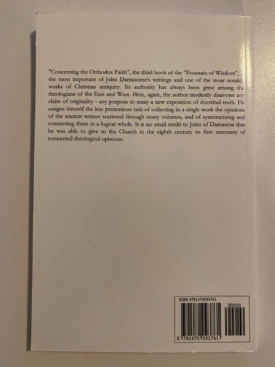 Back cover of Drew's copy of On the Orthodox Faith