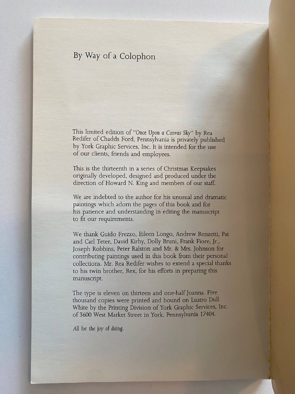 Colophon of Drew's copy of Once Upon a Canvas Sky