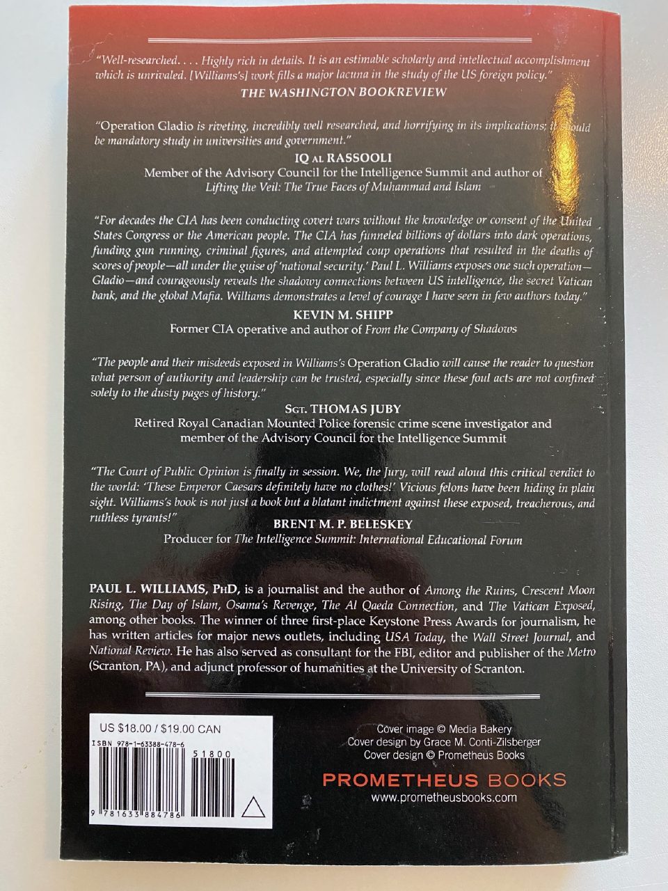 Back cover of Drew's copy of Operation Gladio: The Unholy Alliance between the Vatican, the CIA, and the Mafia