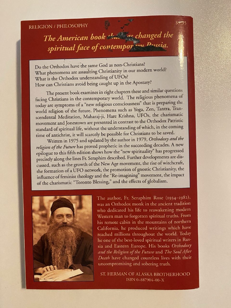 Back cover of Drew's copy of Orthodoxy and the Religion of the Future