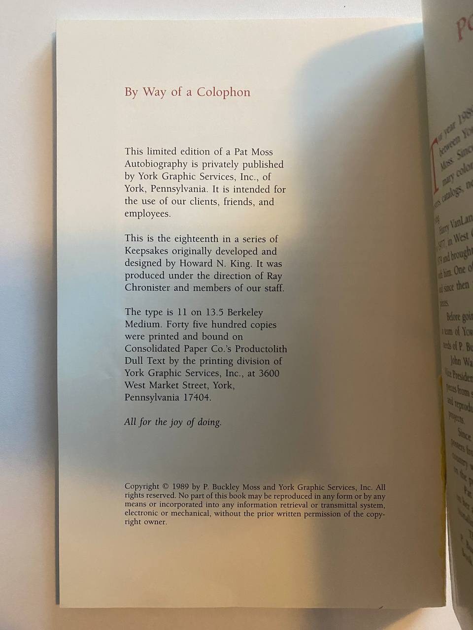 Colophon of Drew's copy of P. Buckley Moss: The People's Artist