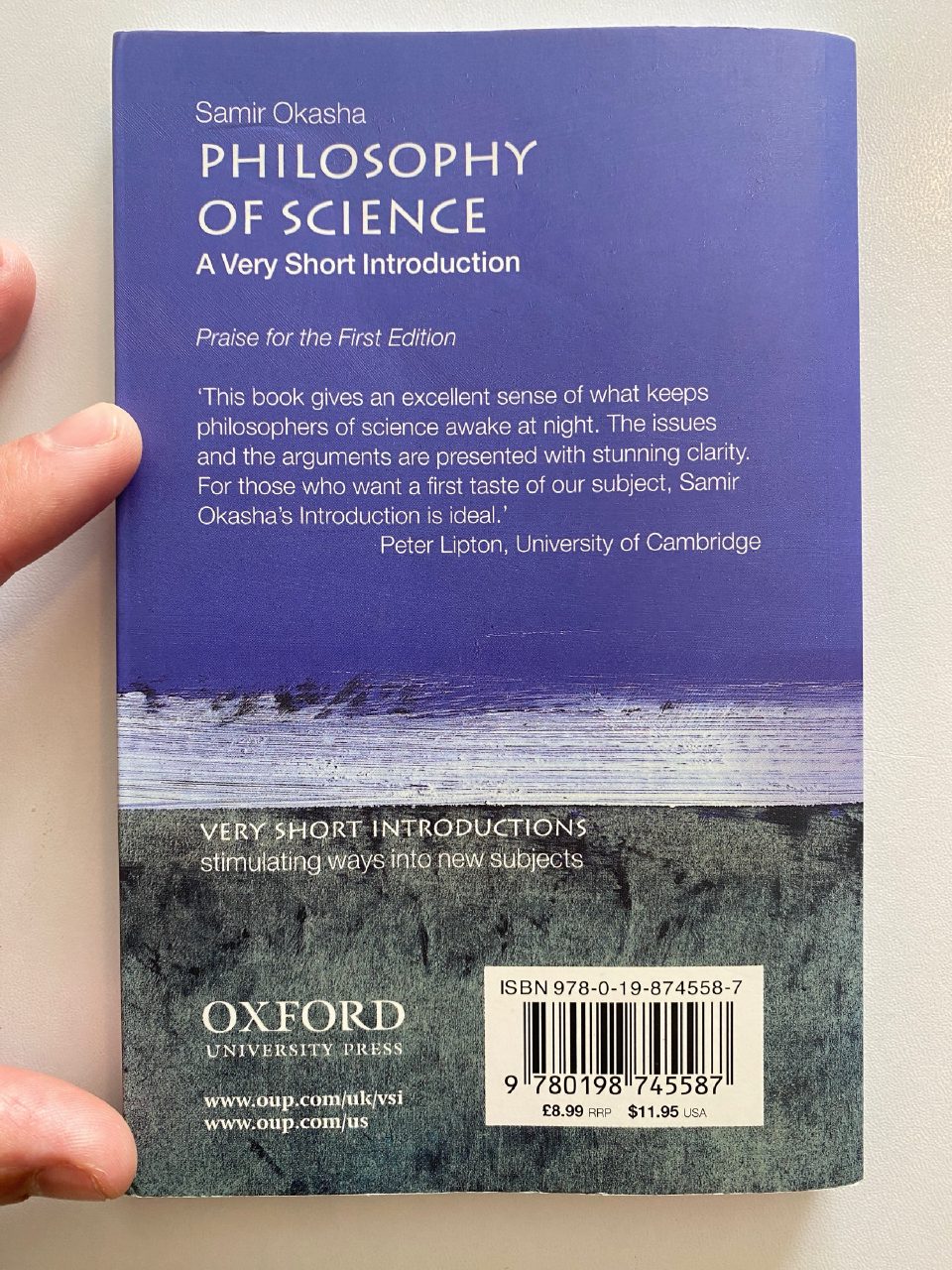 Back cover of Drew's copy of Philosophy of Science: A Very Short Introduction