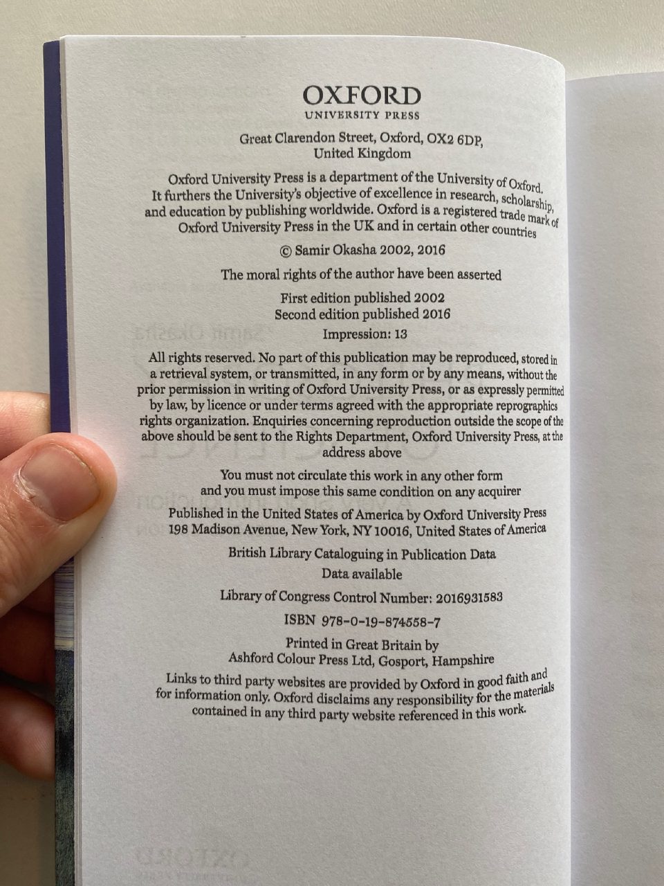 Physical detail of Drew's copy of Philosophy of Science: A Very Short Introduction