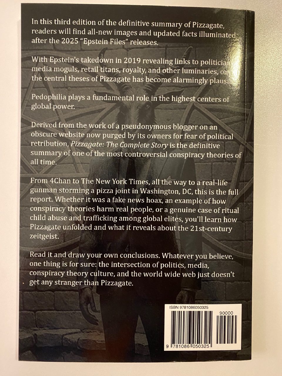 Back cover of Drew's copy of Pizzagate: The Complete Story