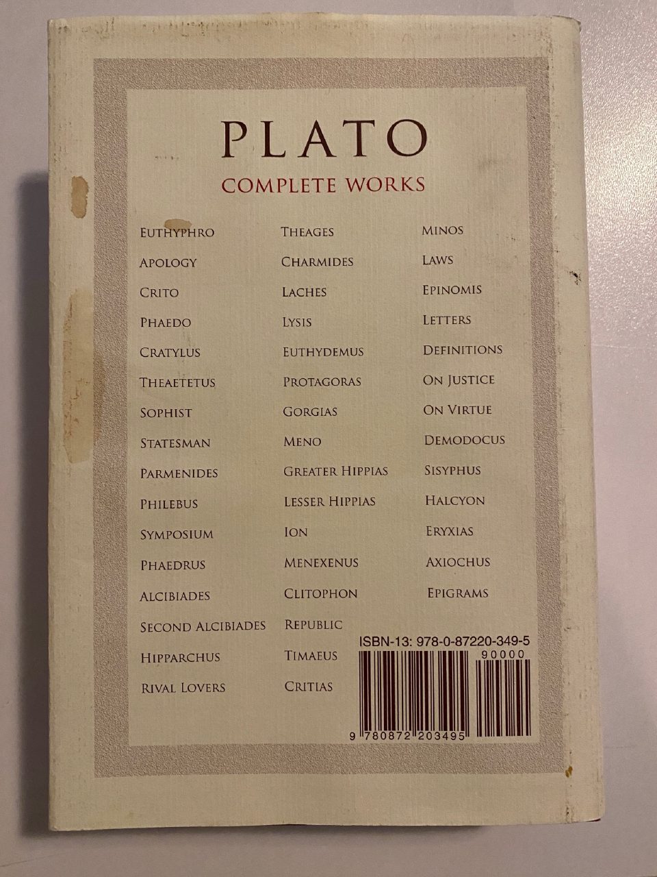 Back cover of Drew's copy of Plato Complete Works
