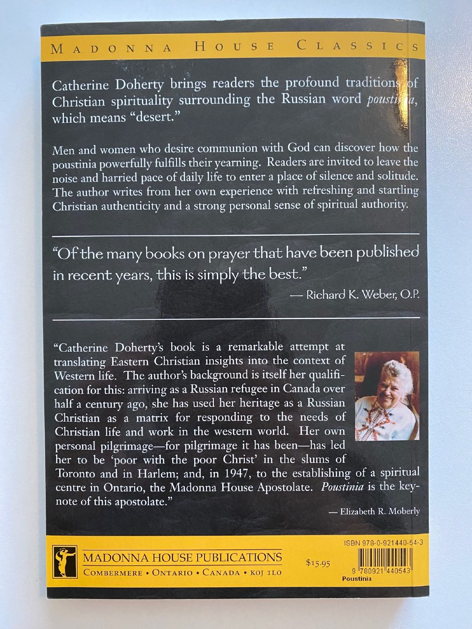Back cover of Drew's copy of Poustinia: Encountering God in Silence, Solitude and Prayer