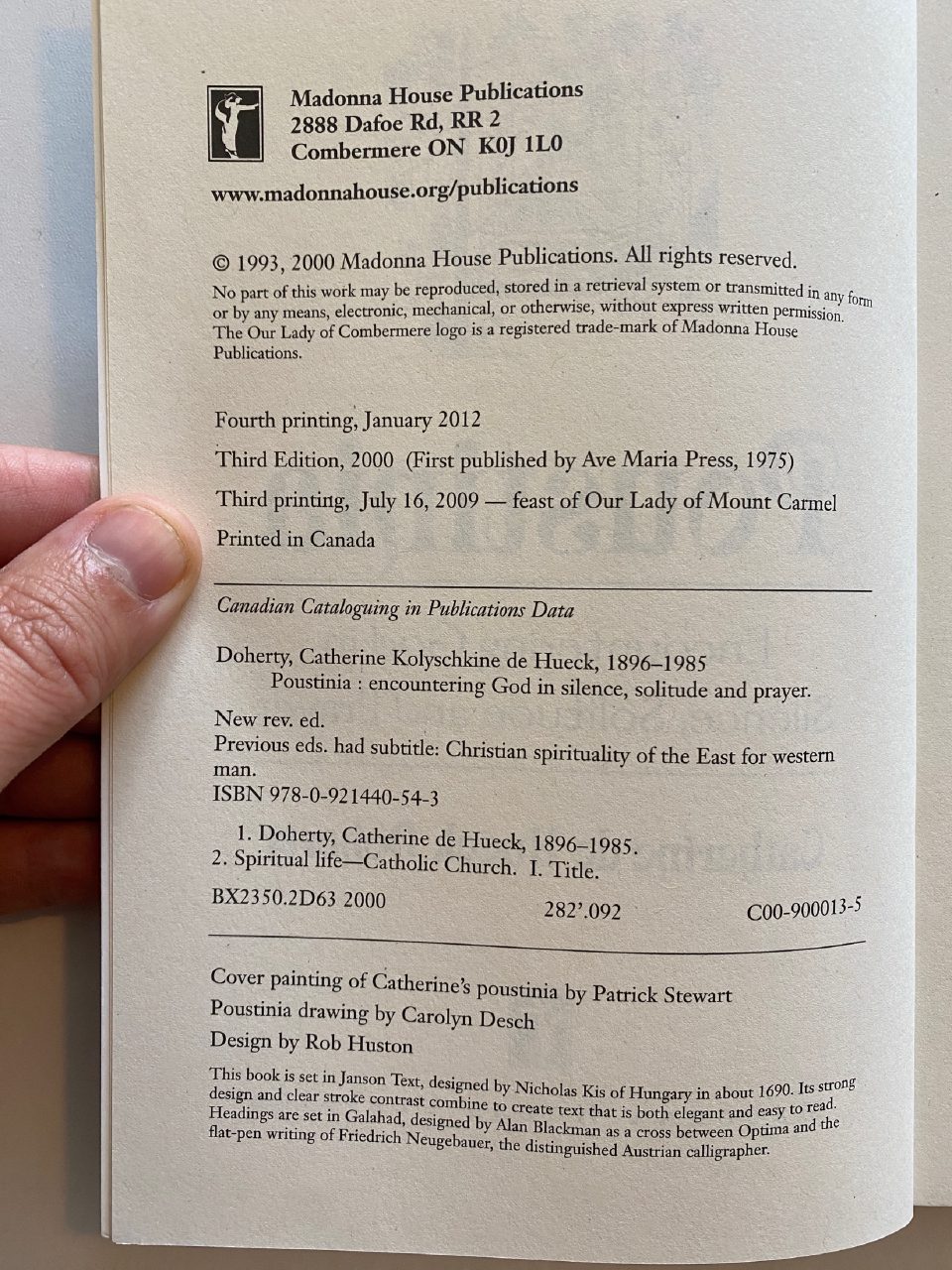 Physical detail of Drew's copy of Poustinia: Encountering God in Silence, Solitude and Prayer