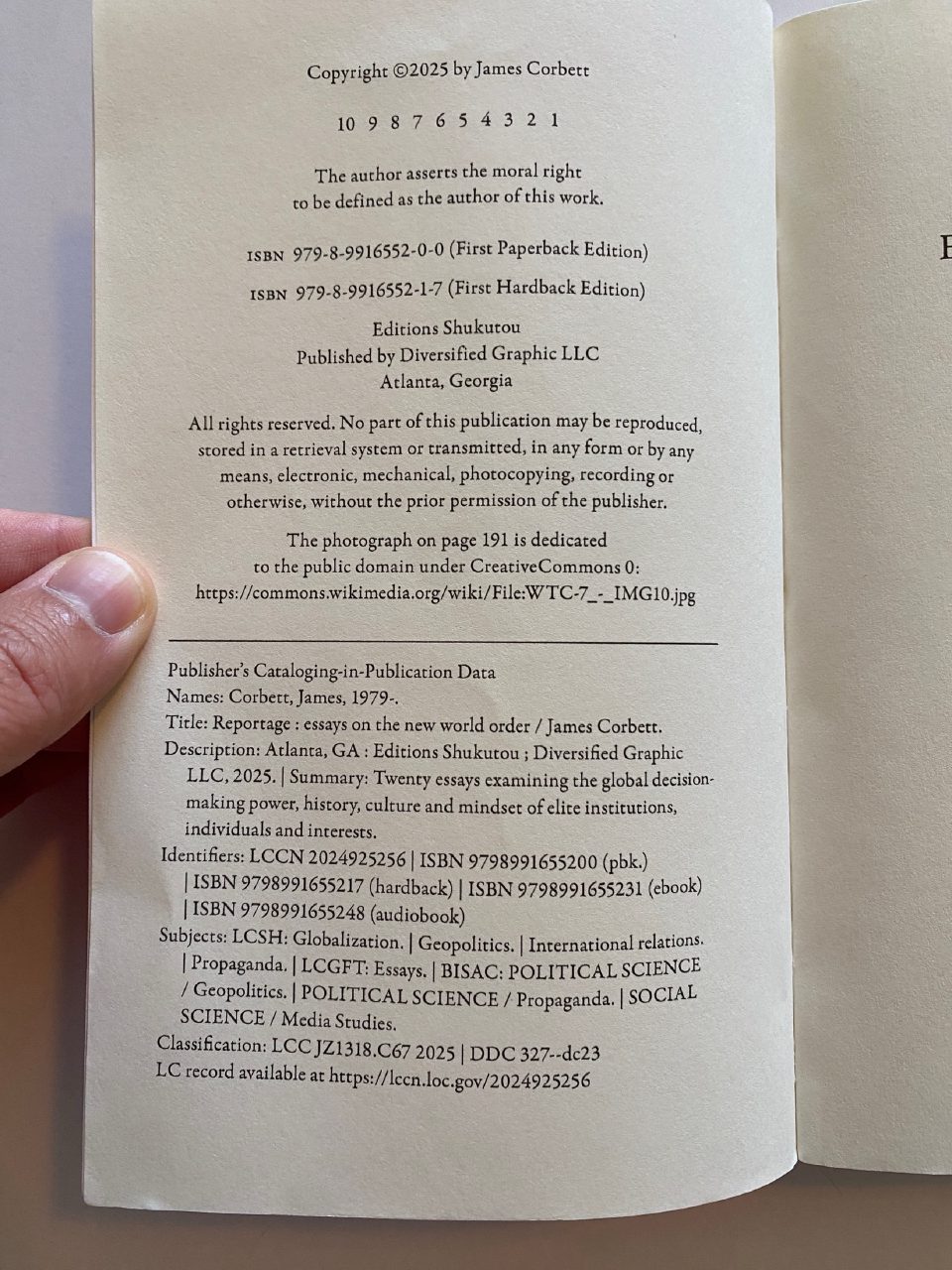 Physical detail of Drew's copy of Reportage: Essays on the New World Order