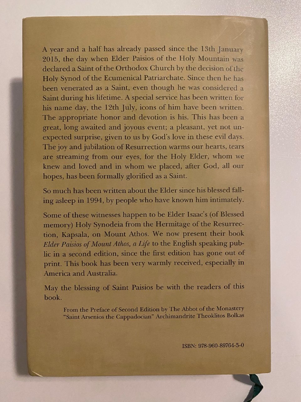 Back cover of Drew's copy of Saint Paisios of Mount Athos