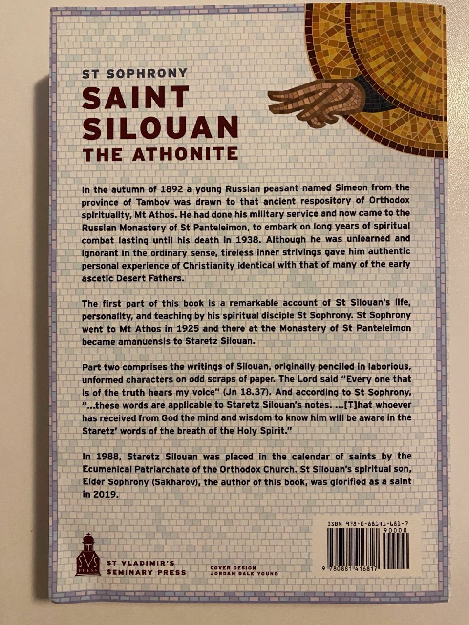 Back cover of Drew's copy of Saint Silouan the Athonite