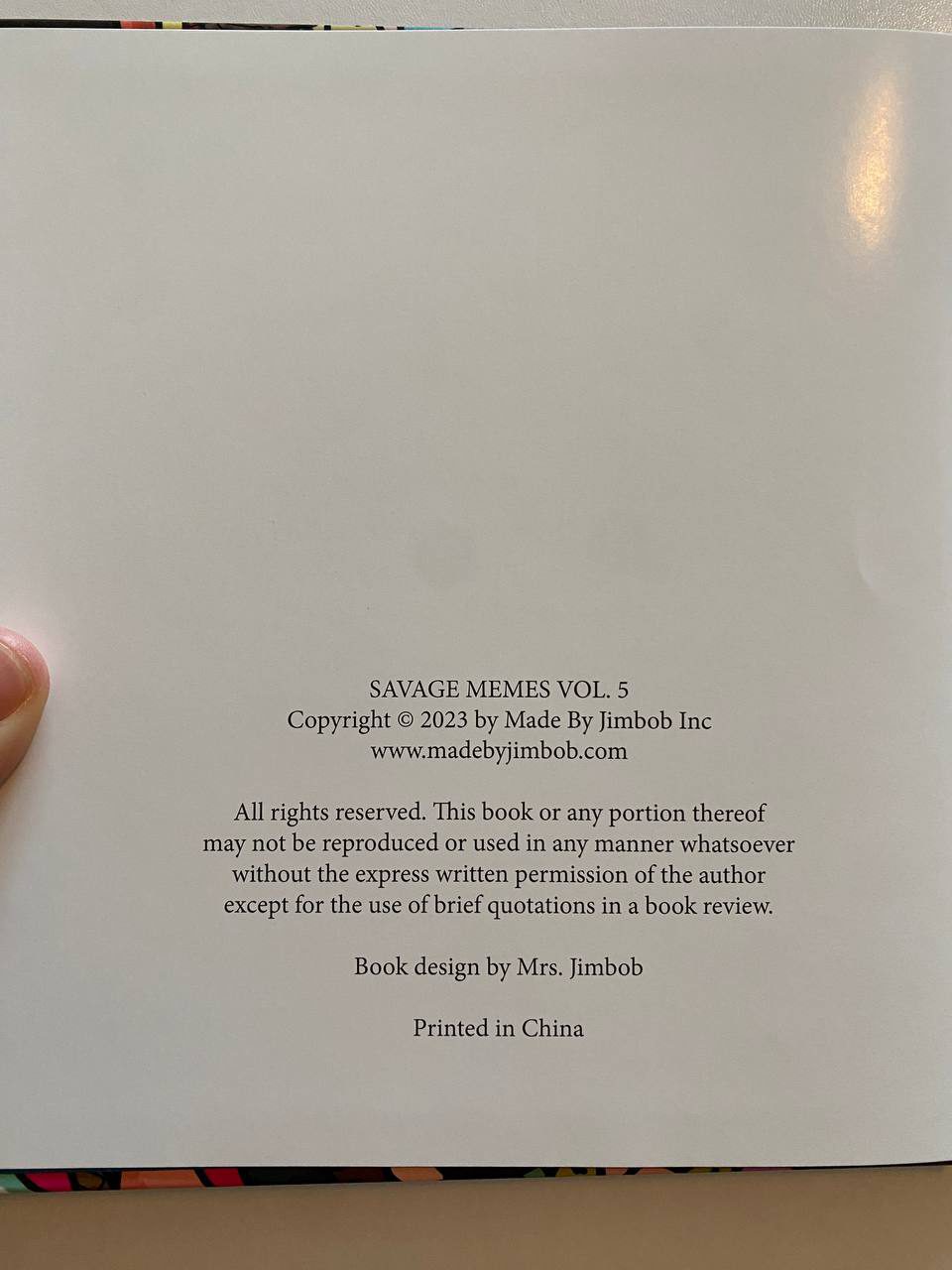 Physical detail of Drew's copy of Savage Memes Vol. 5