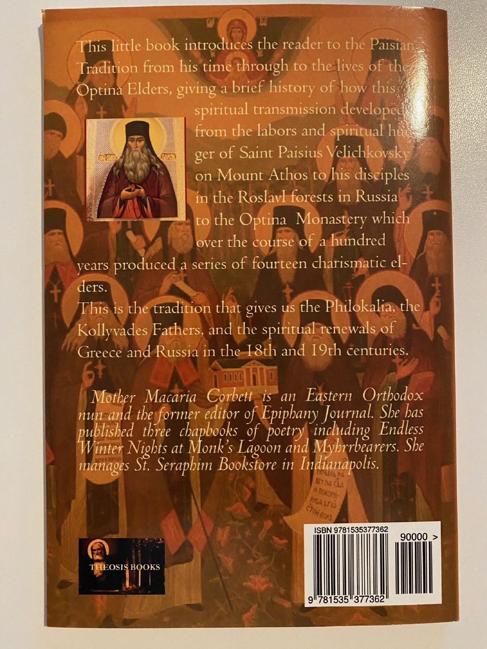 Back cover of Drew's copy of Spiritual Treasure in Filthy Rags: An Introduction to the Paisian Tradition Through the Optina Elders