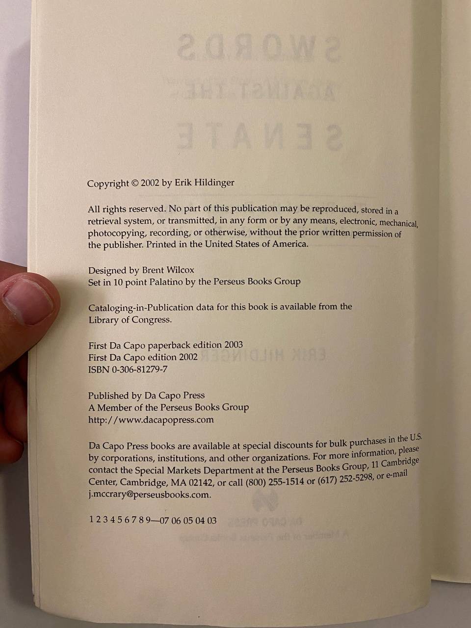 Copyright page of Drew's copy of Swords Against the Senate