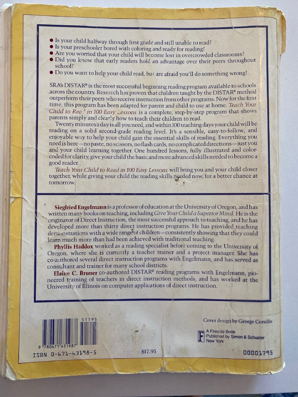 Back cover of Drew's copy of Teach Your Child to Read in 100 Easy Lessons