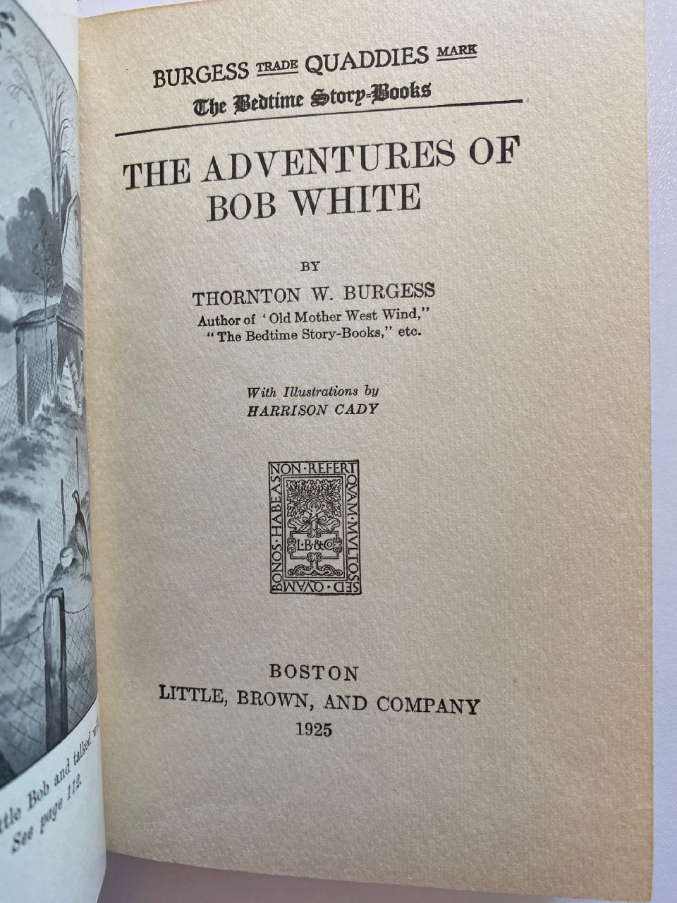 Interior or edition detail of Drew's copy of The Adventures of Bob White