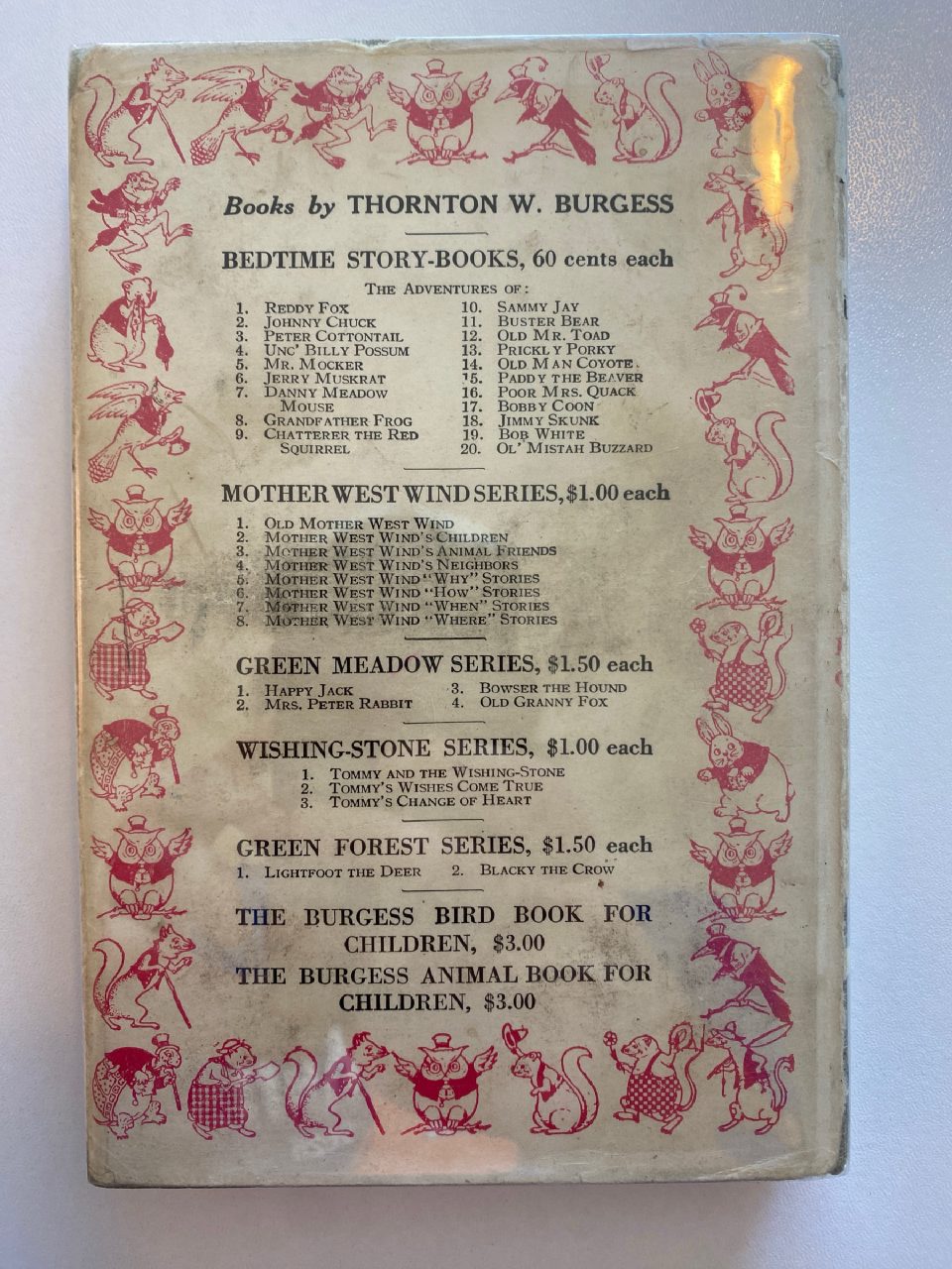 Back cover of Drew's copy of The Adventures of Jerry Muskrat