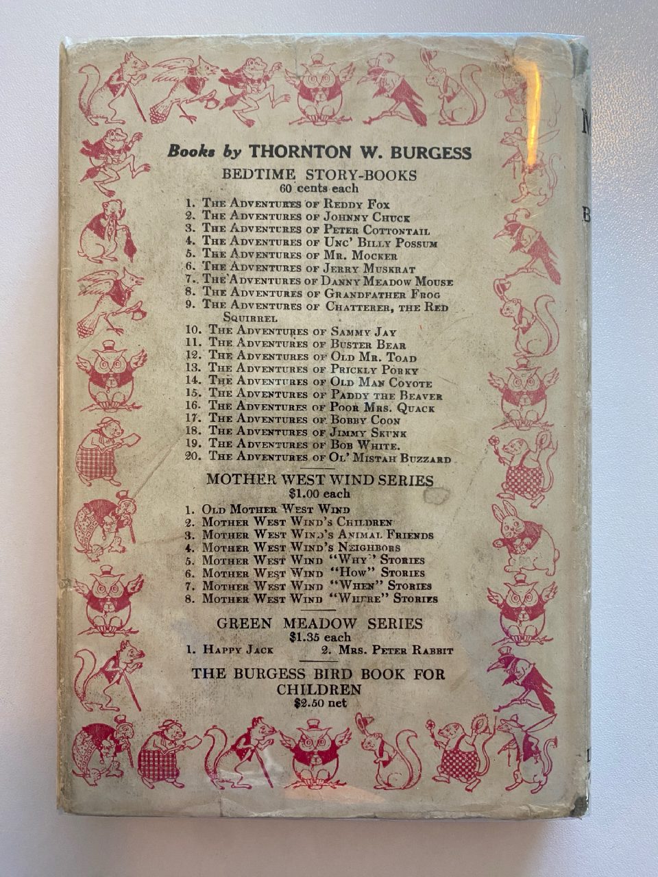 Back cover of Drew's copy of The Adventures of Old Mr. Toad
