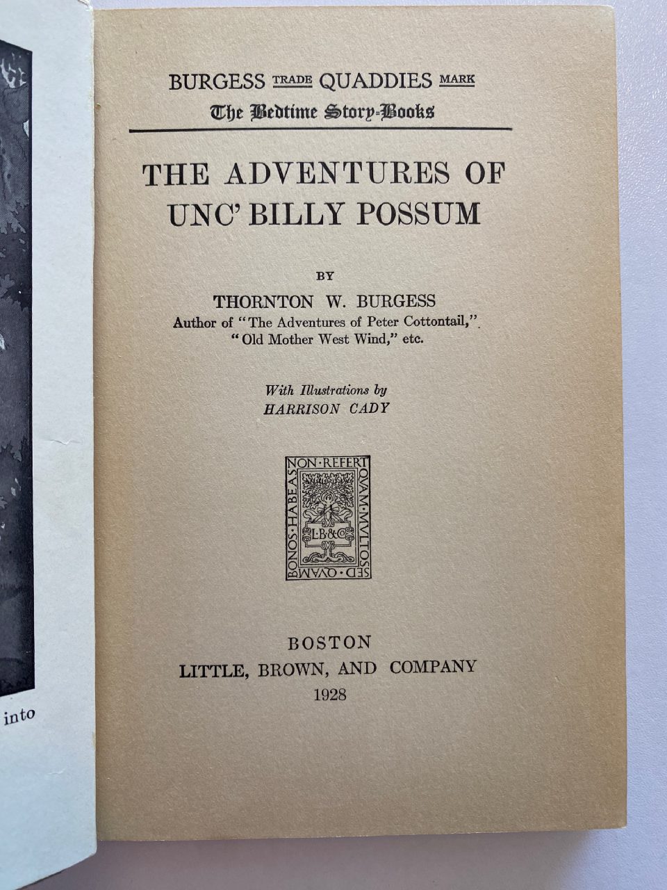 Interior or edition detail of Drew's copy of The Adventures of Unc’ Billy Possum