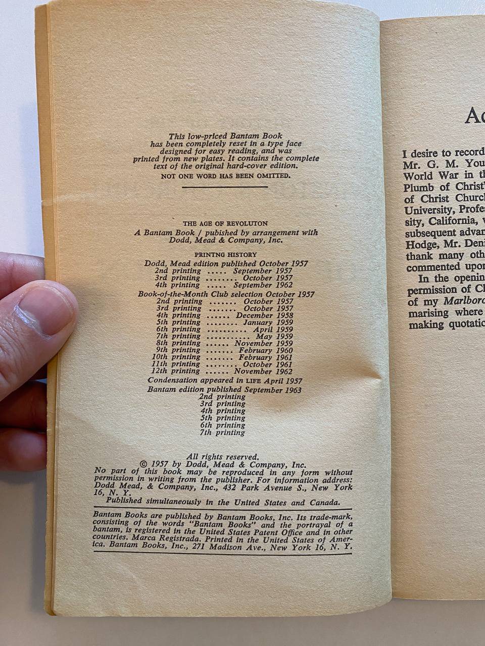 Copyright page of Drew's copy of The Age of Revolution