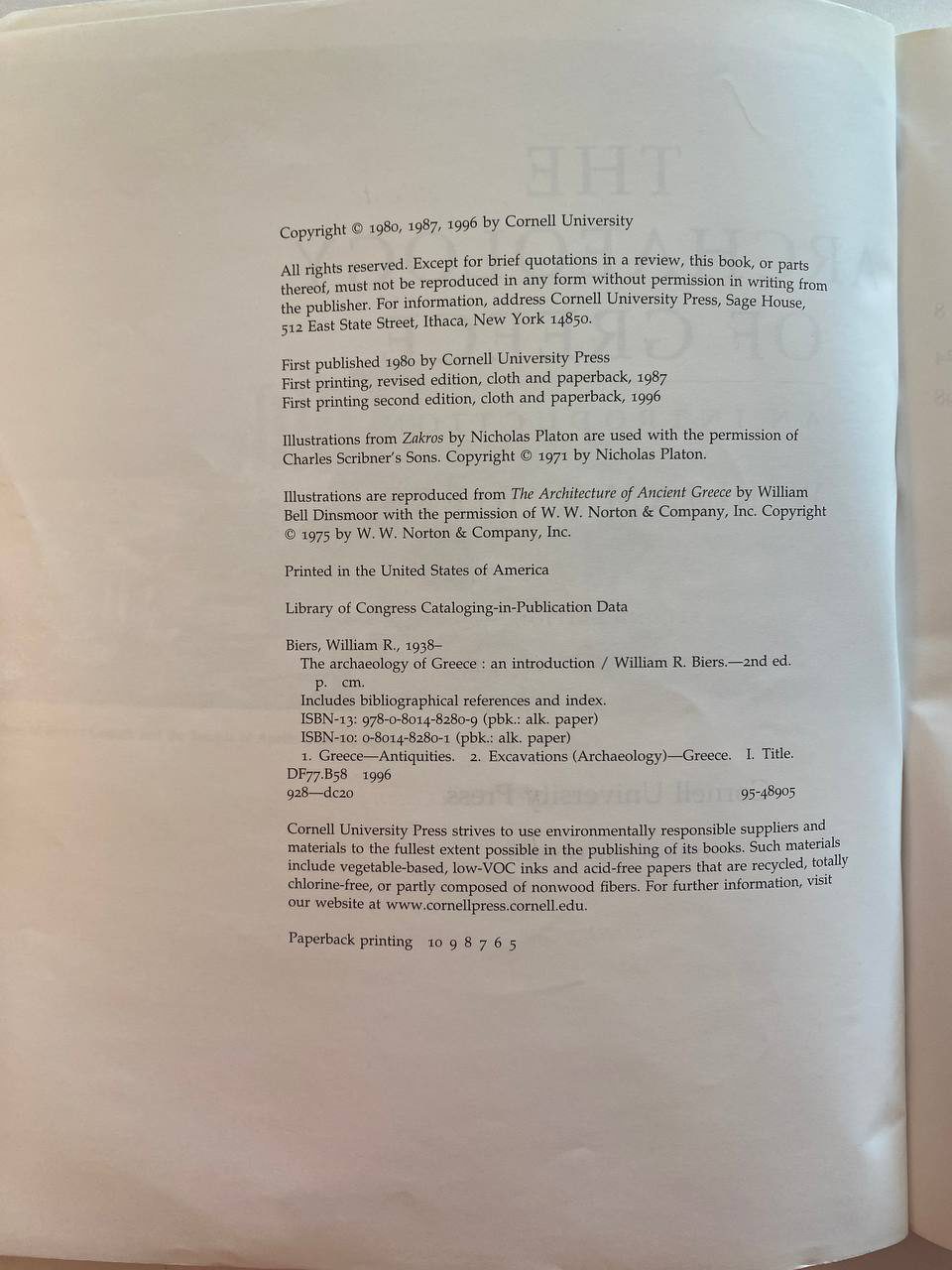 Copyright page of Drew's copy of The Archaeology of Greece