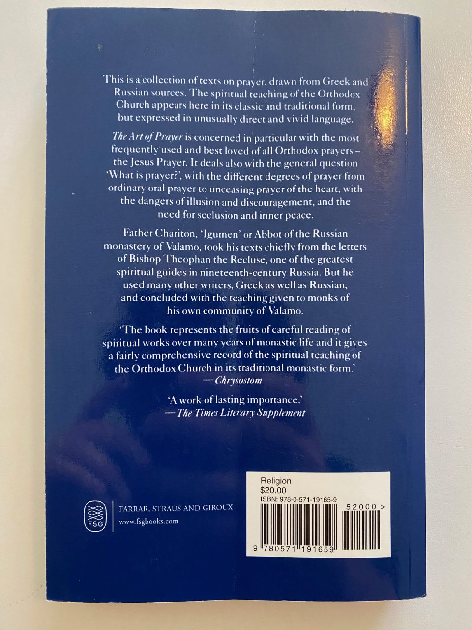 Back cover of Drew's copy of The Art of Prayer