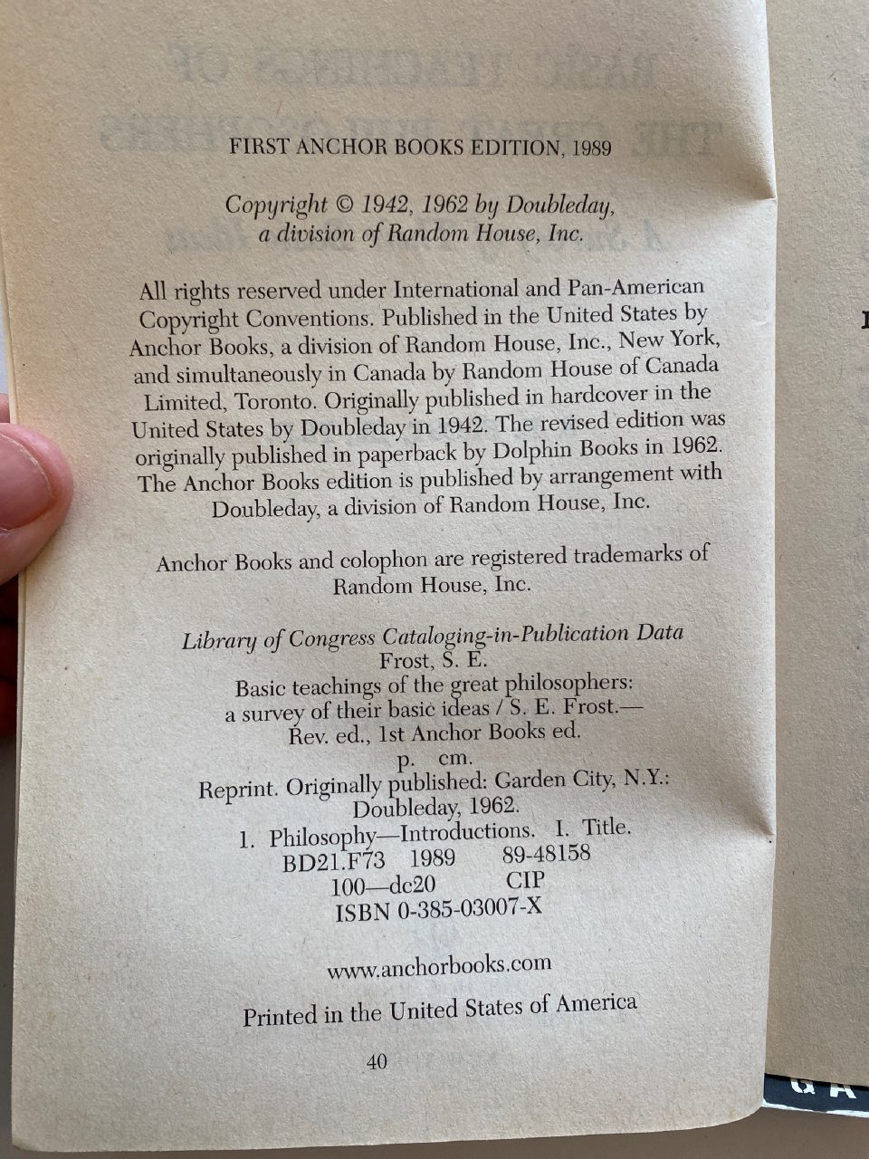 Physical detail of Drew's copy of The Basic Teachings of the Great Philosophers