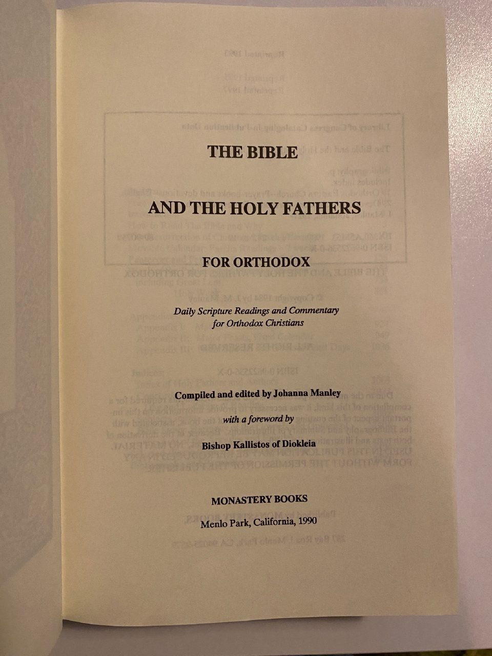 Physical detail of Drew's copy of The Bible and the Holy Fathers for Orthodox Christians