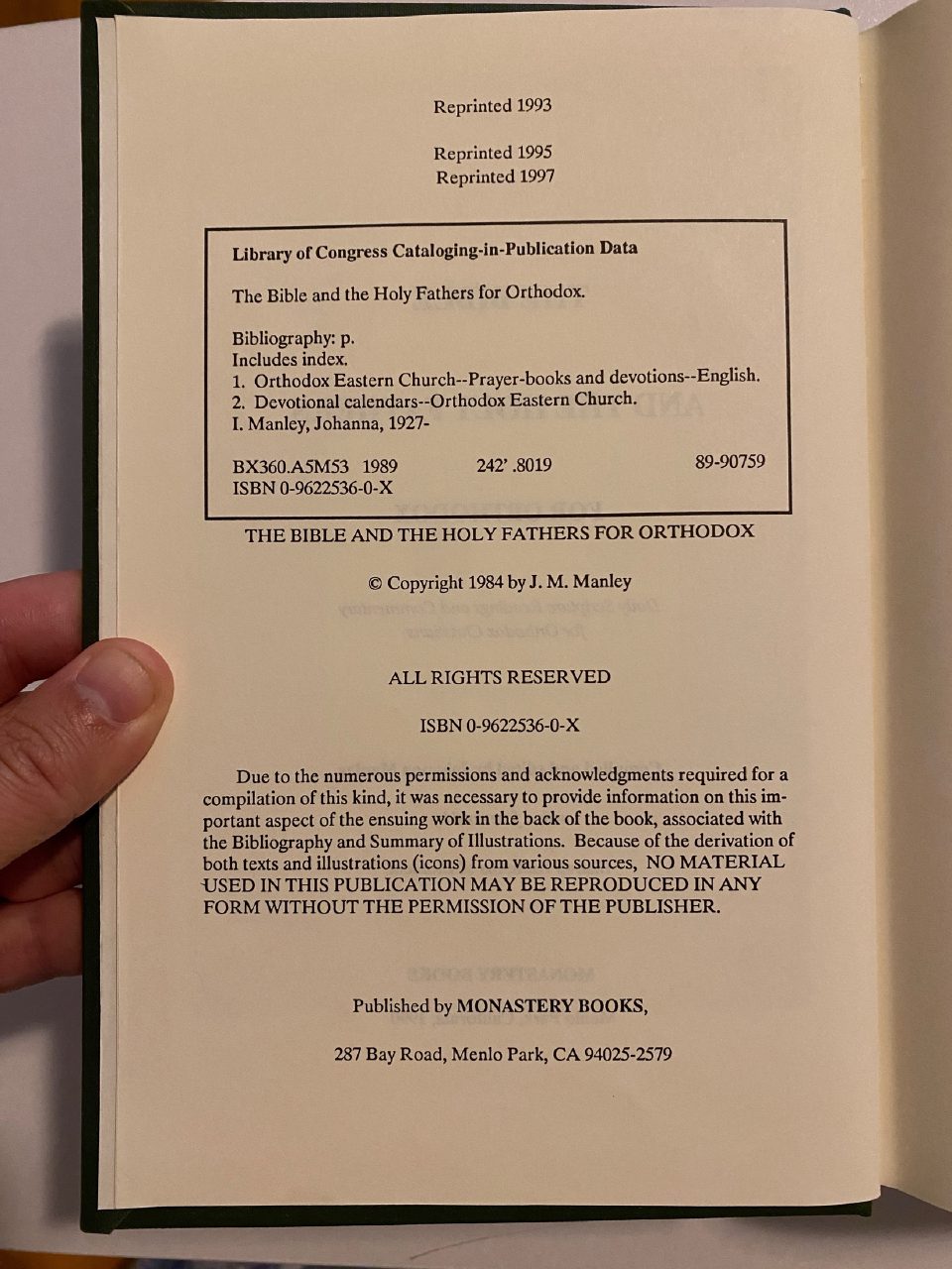 Physical detail of Drew's copy of The Bible and the Holy Fathers for Orthodox Christians