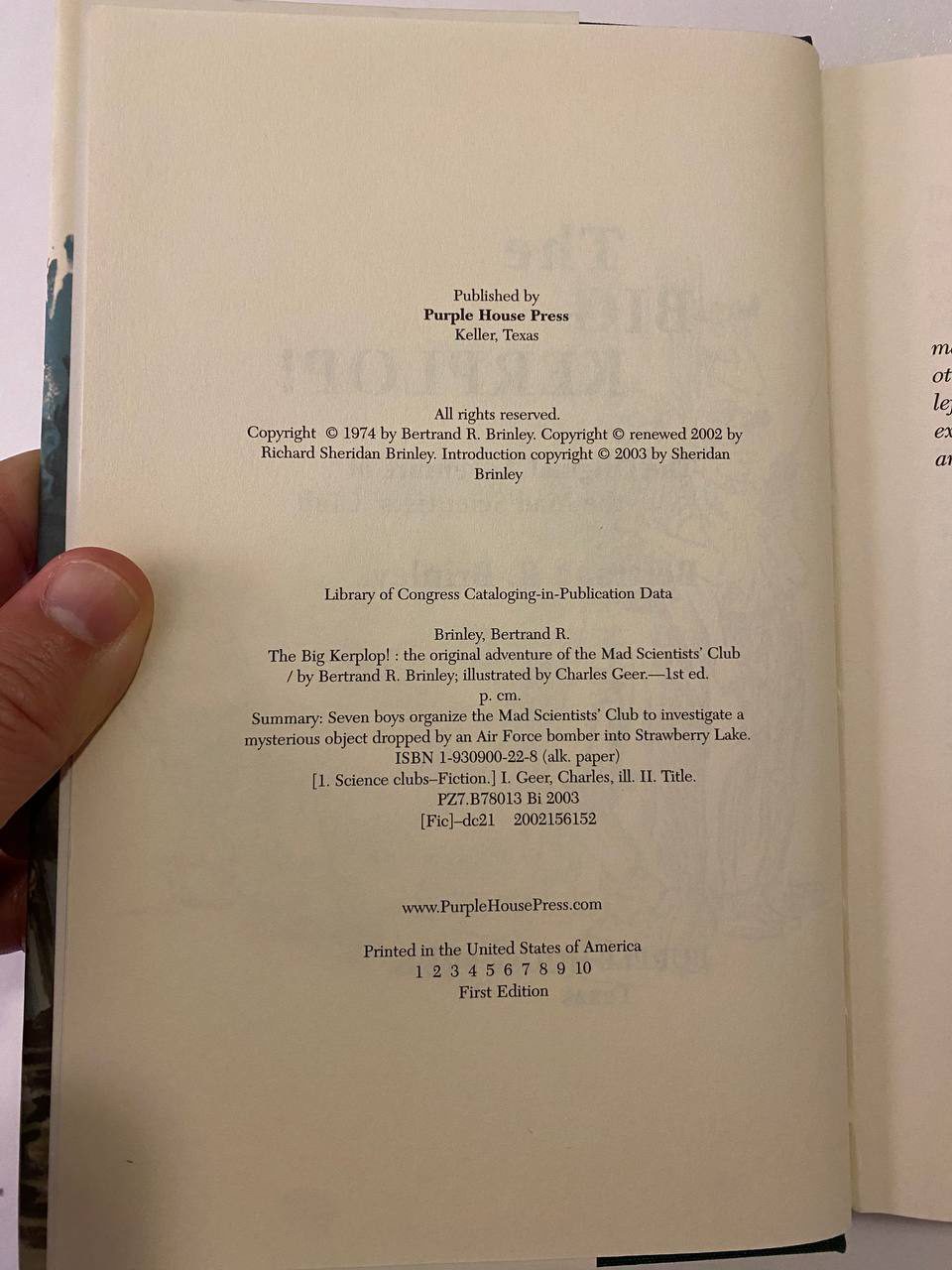 Copyright page of Drew's copy of The Big Kerplop!