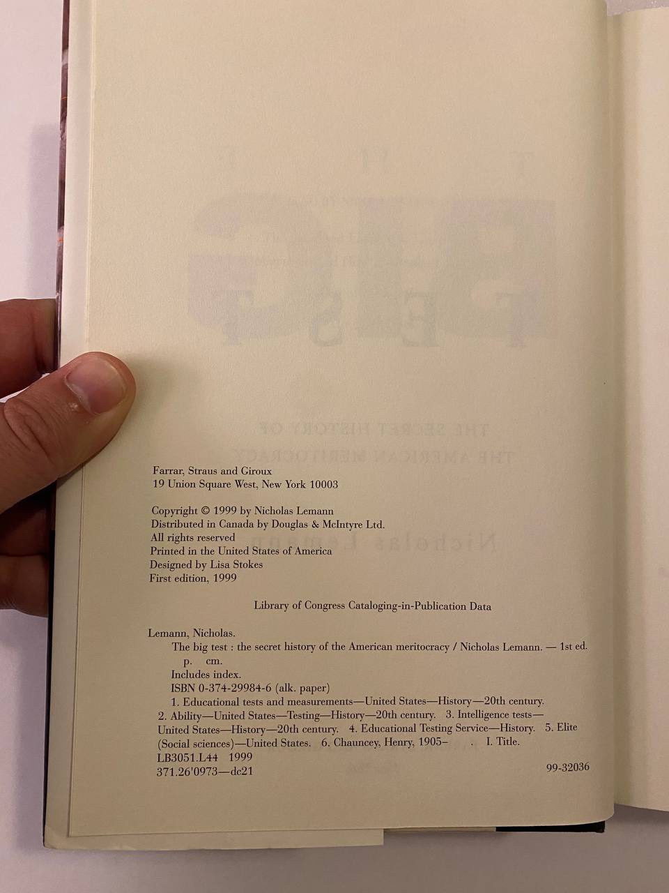 Copyright page of Drew's copy of The Big Test