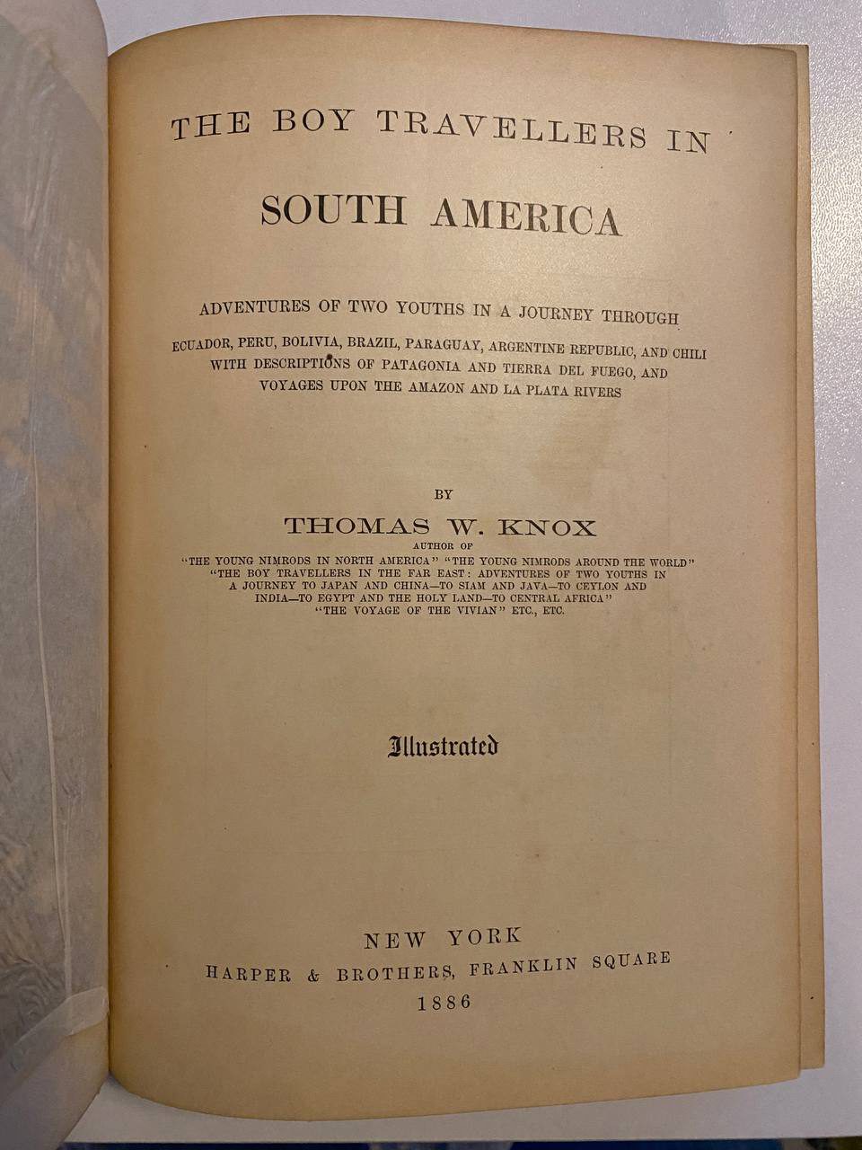 Title page of Drew's copy of The Boy Travellers in South America