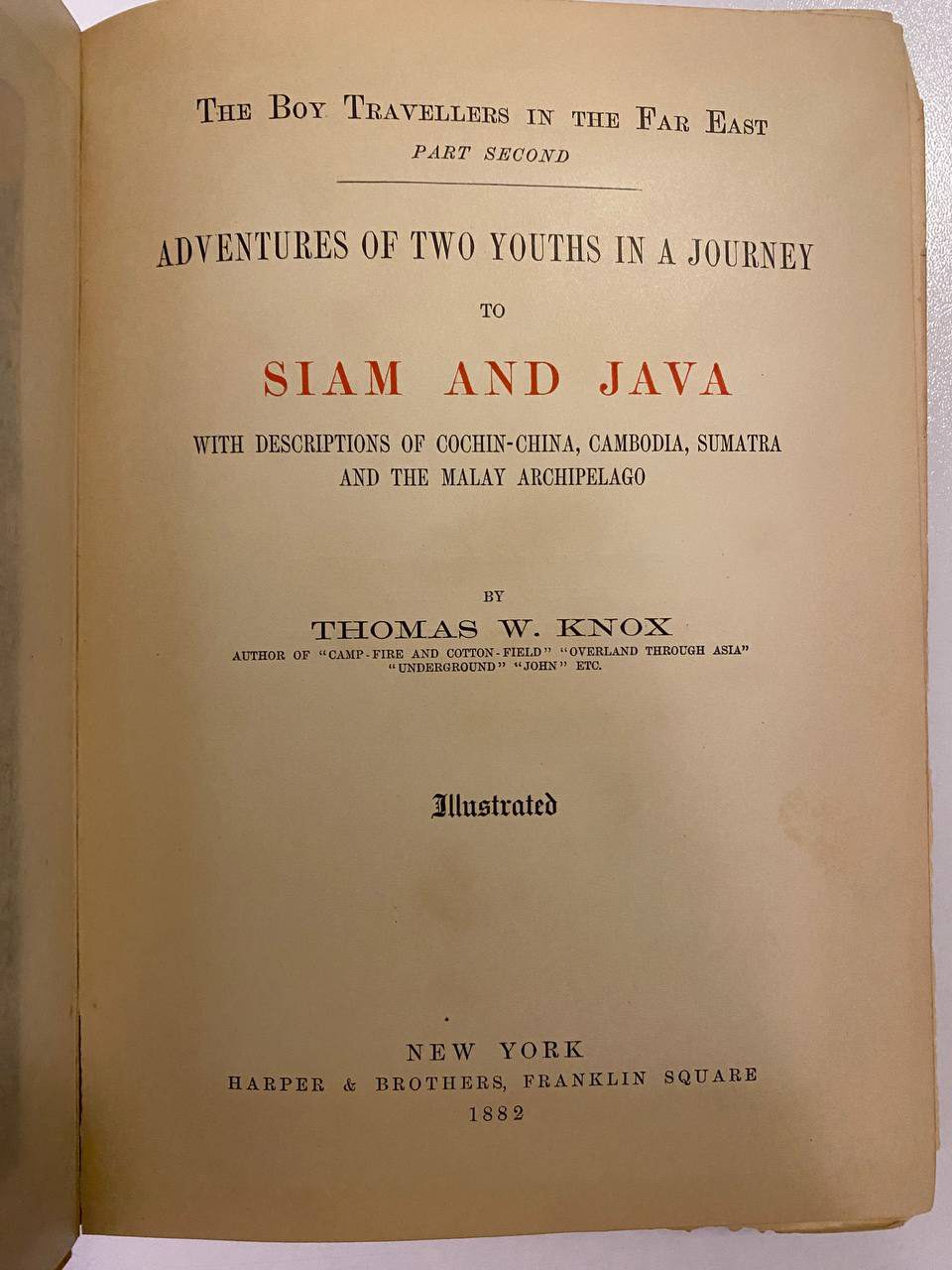 Title page of Drew's copy of The Boy Travellers in the Far East, Part Second: Siam and Java