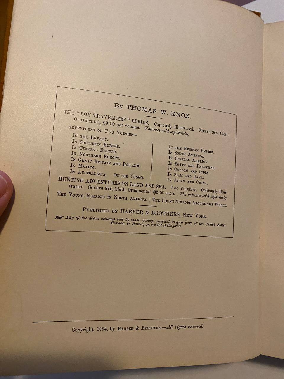 Copyright page of Drew's copy of The Boy Travellers in the Levant