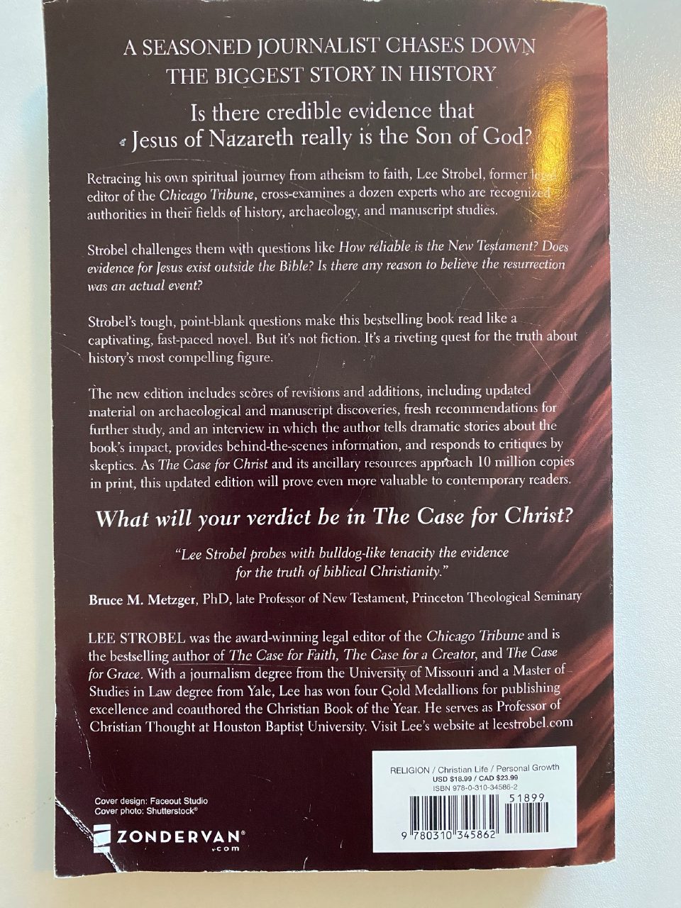 Back cover of Drew's copy of The Case for Christ