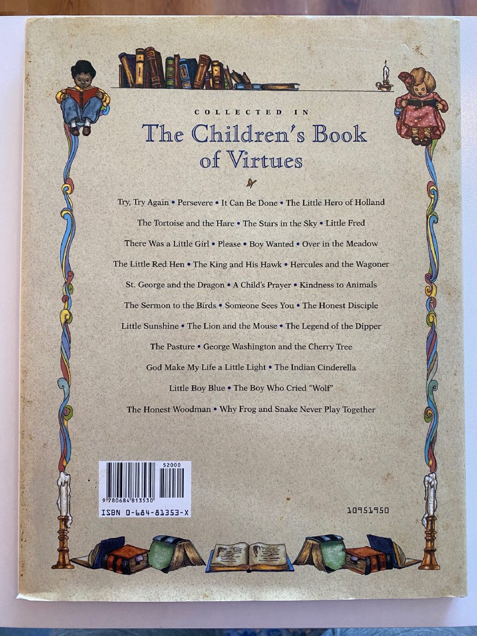 Back cover of Drew's copy of The Children’s Book of Virtues