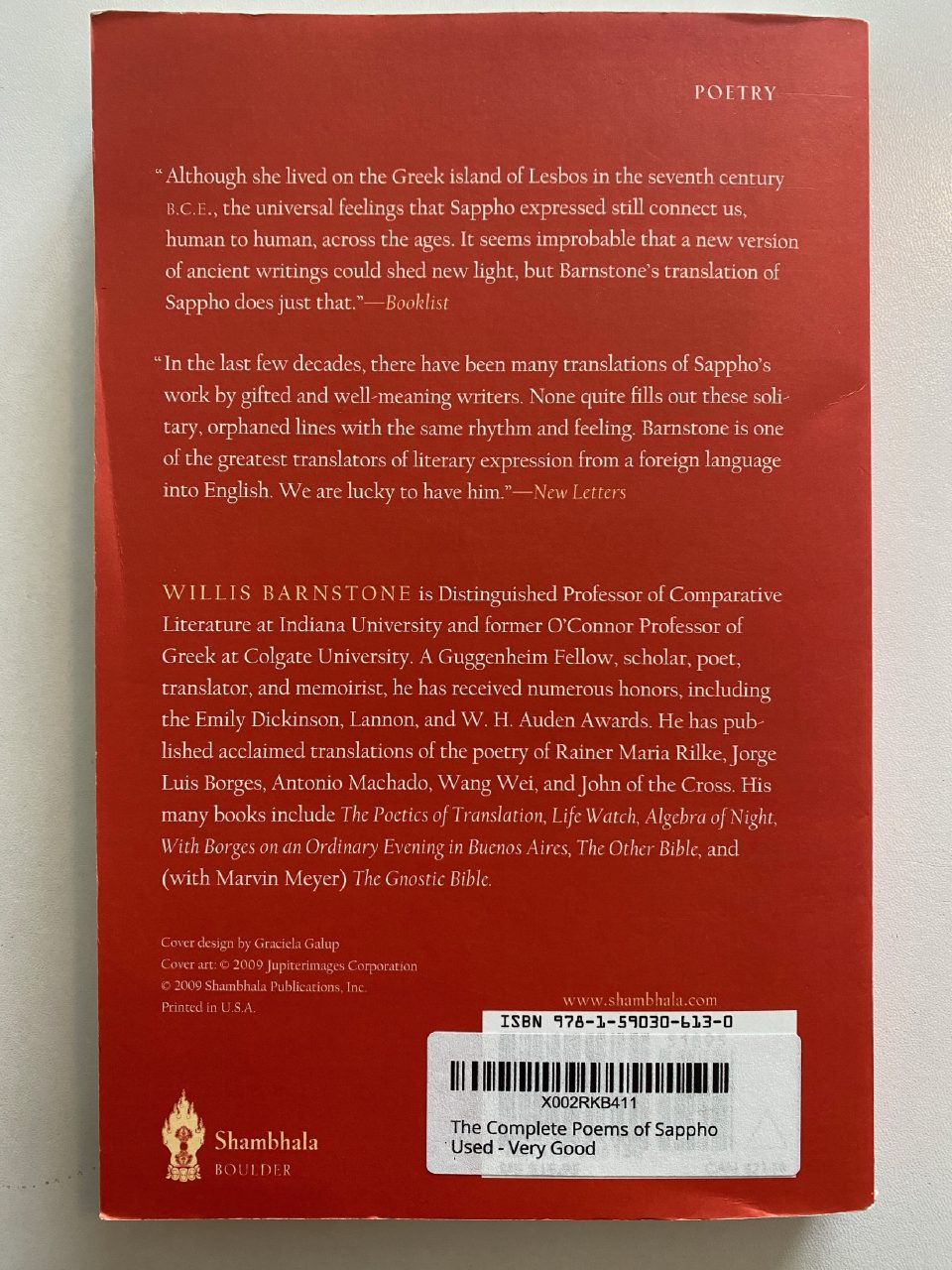Back cover of Drew's copy of The Complete Poems of Sappho