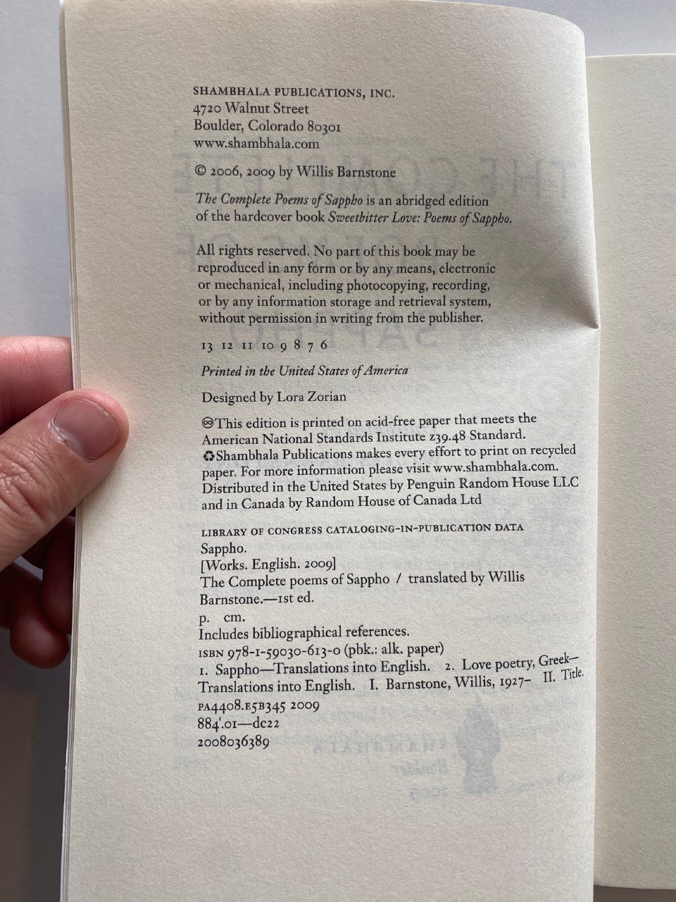Physical detail of Drew's copy of The Complete Poems of Sappho