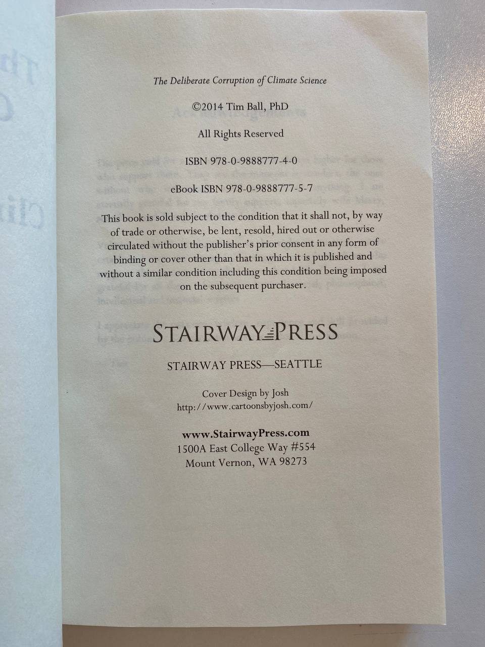 Copyright page of Drew's copy of The Deliberate Corruption of Climate Science