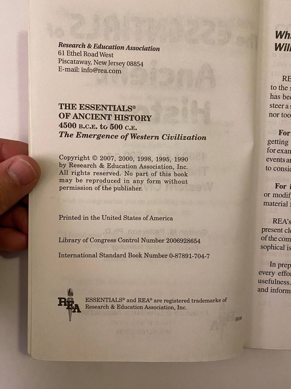 Copyright page of Drew's copy of The Essentials of Ancient History