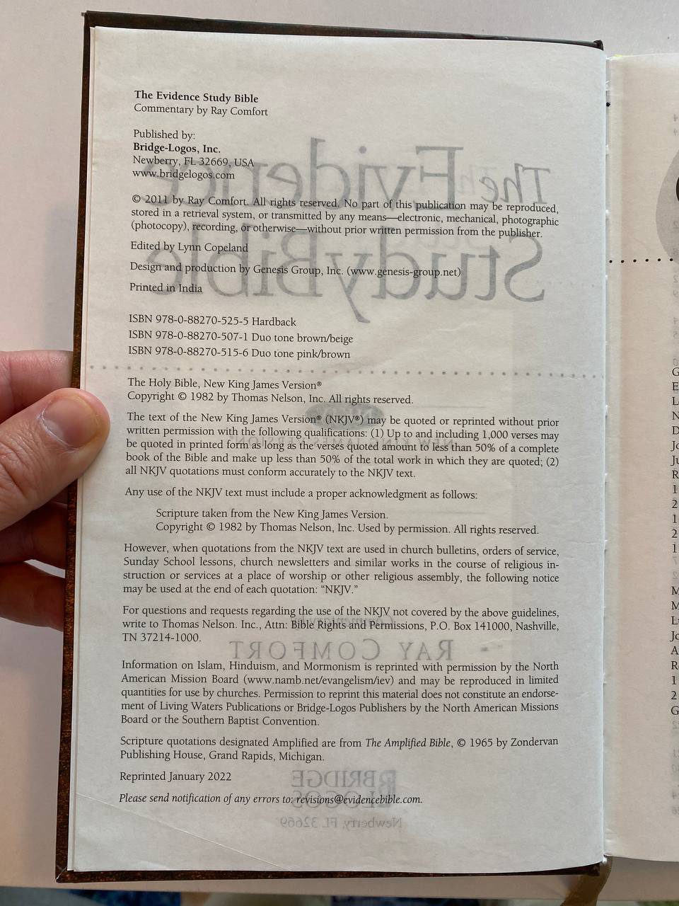 Copyright page of Drew's copy of The Evidence Study Bible