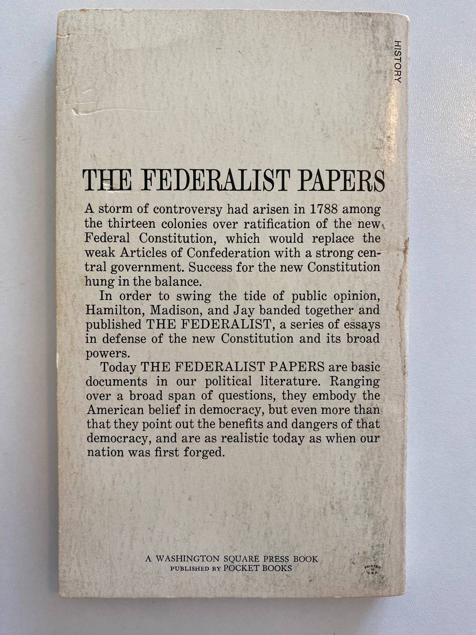 Back cover of Drew's copy of The Federalist Papers