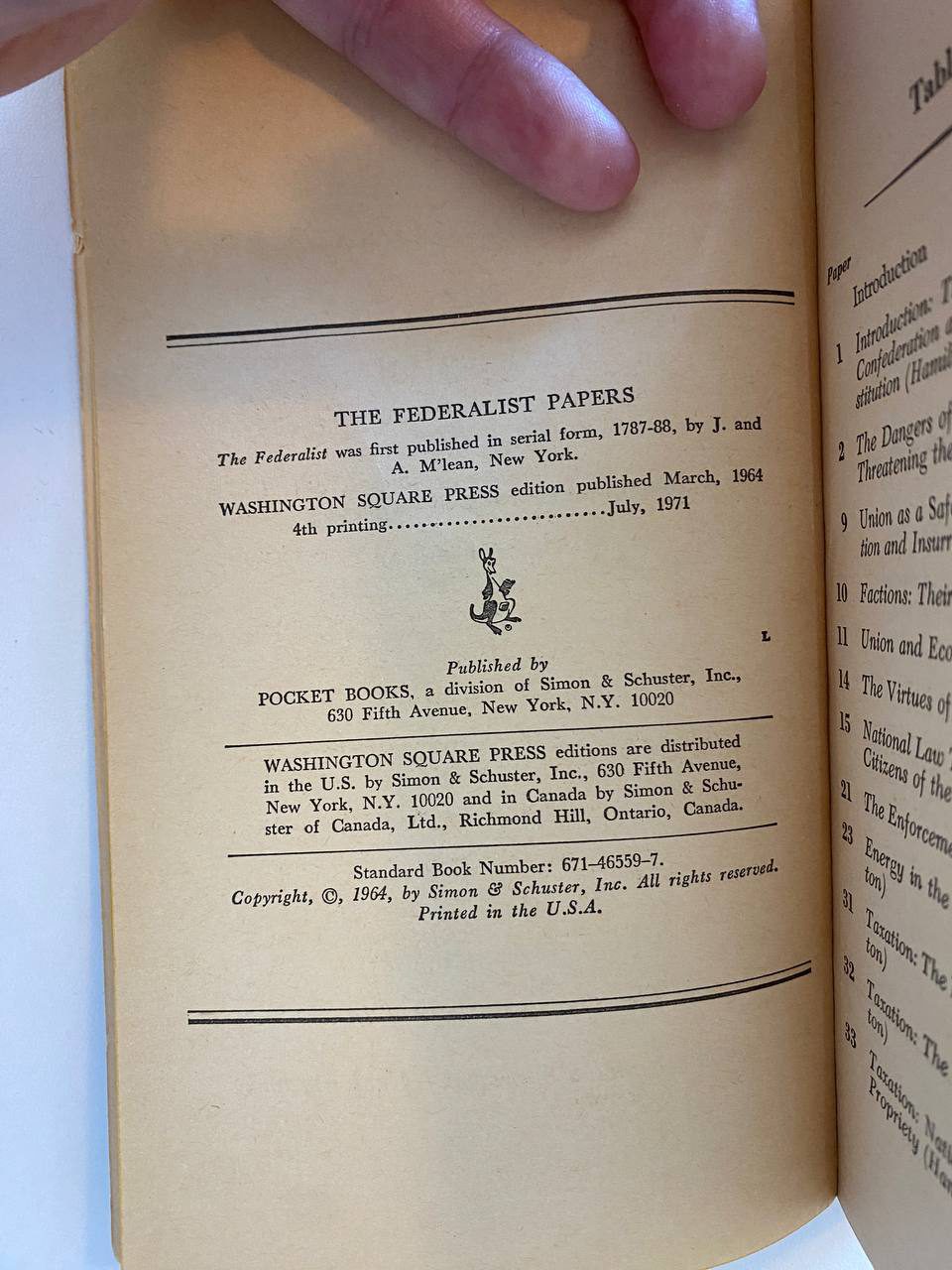 Copyright page of Drew's copy of The Federalist Papers