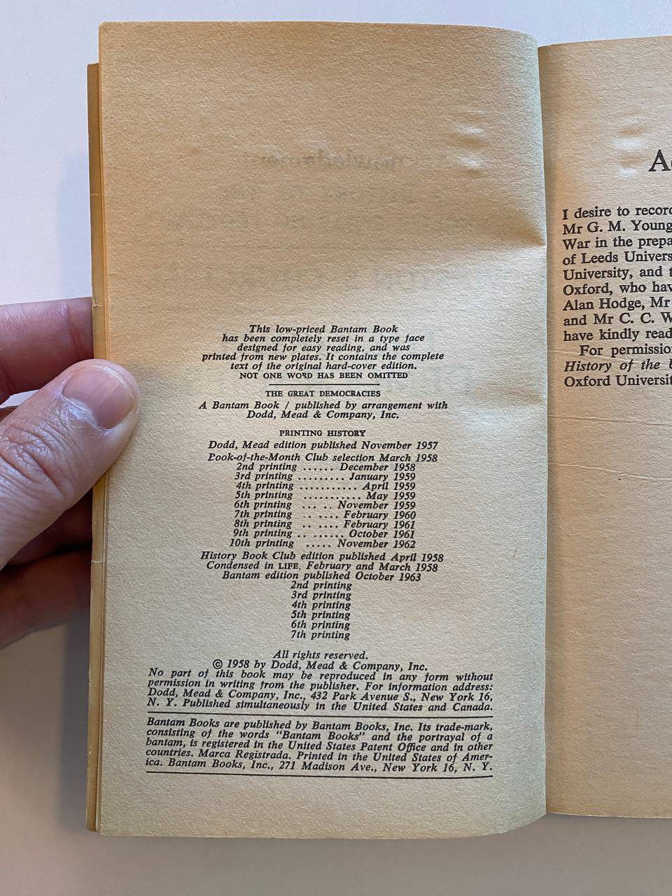 Copyright page of Drew's copy of The Great Democracies