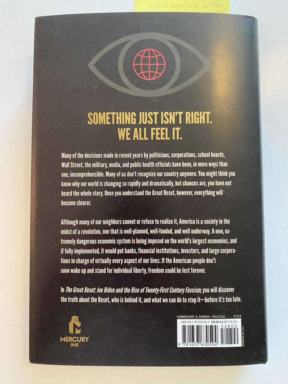 Back cover of Drew's copy of The Great Reset