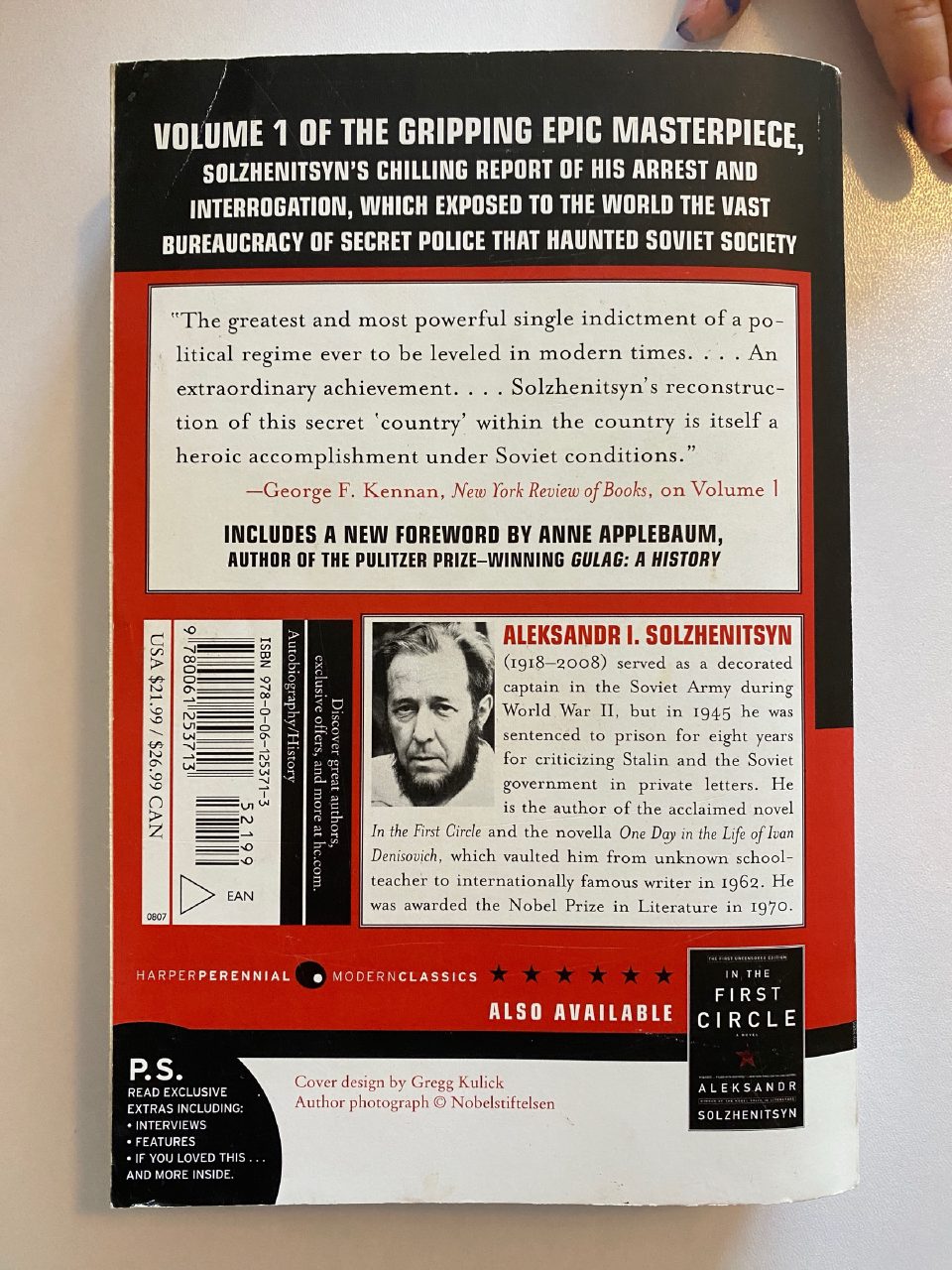 Back cover of Drew's copy of The Gulag Archipelago, Volume 1