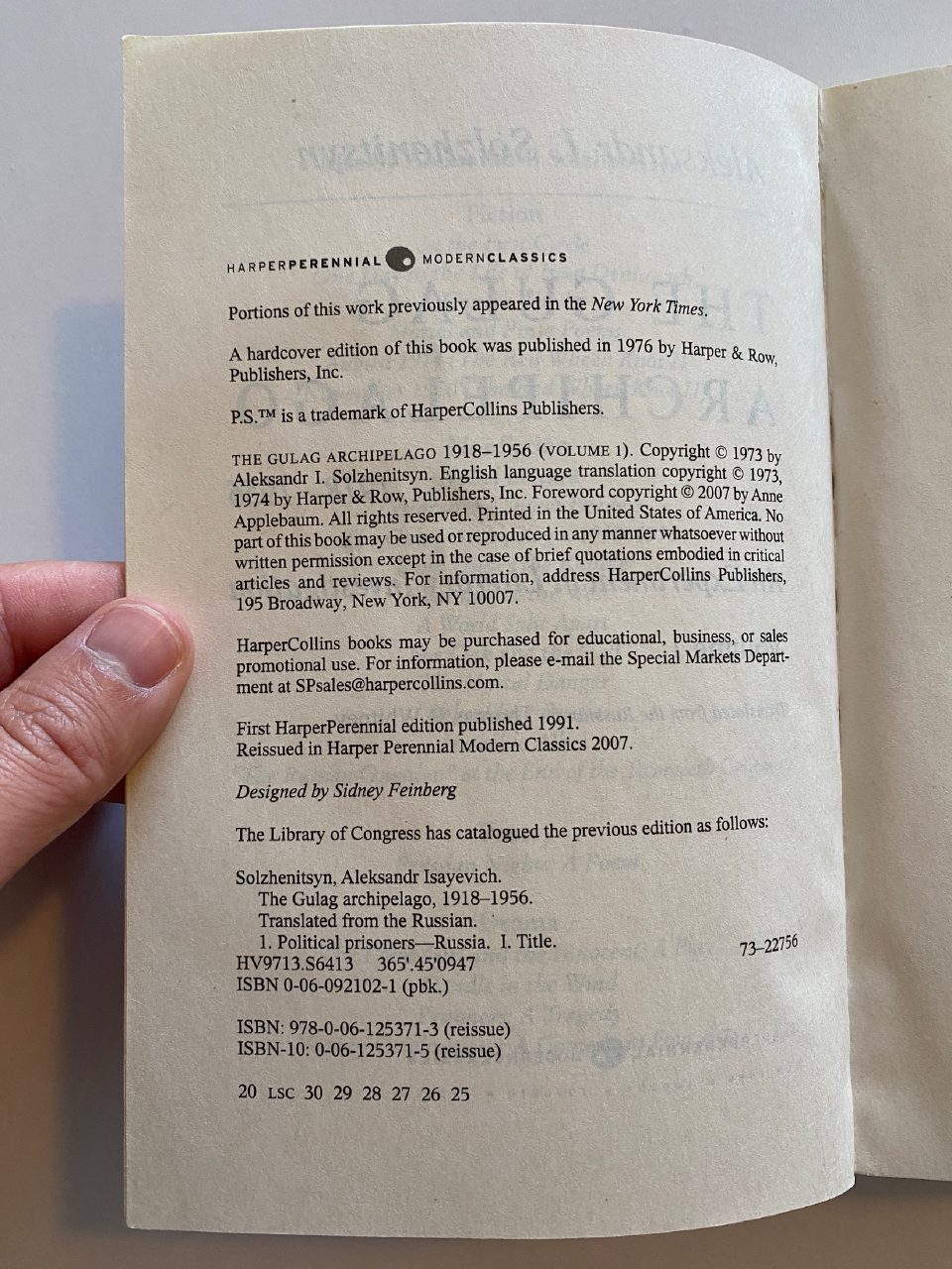 Physical detail of Drew's copy of The Gulag Archipelago, Volume 1