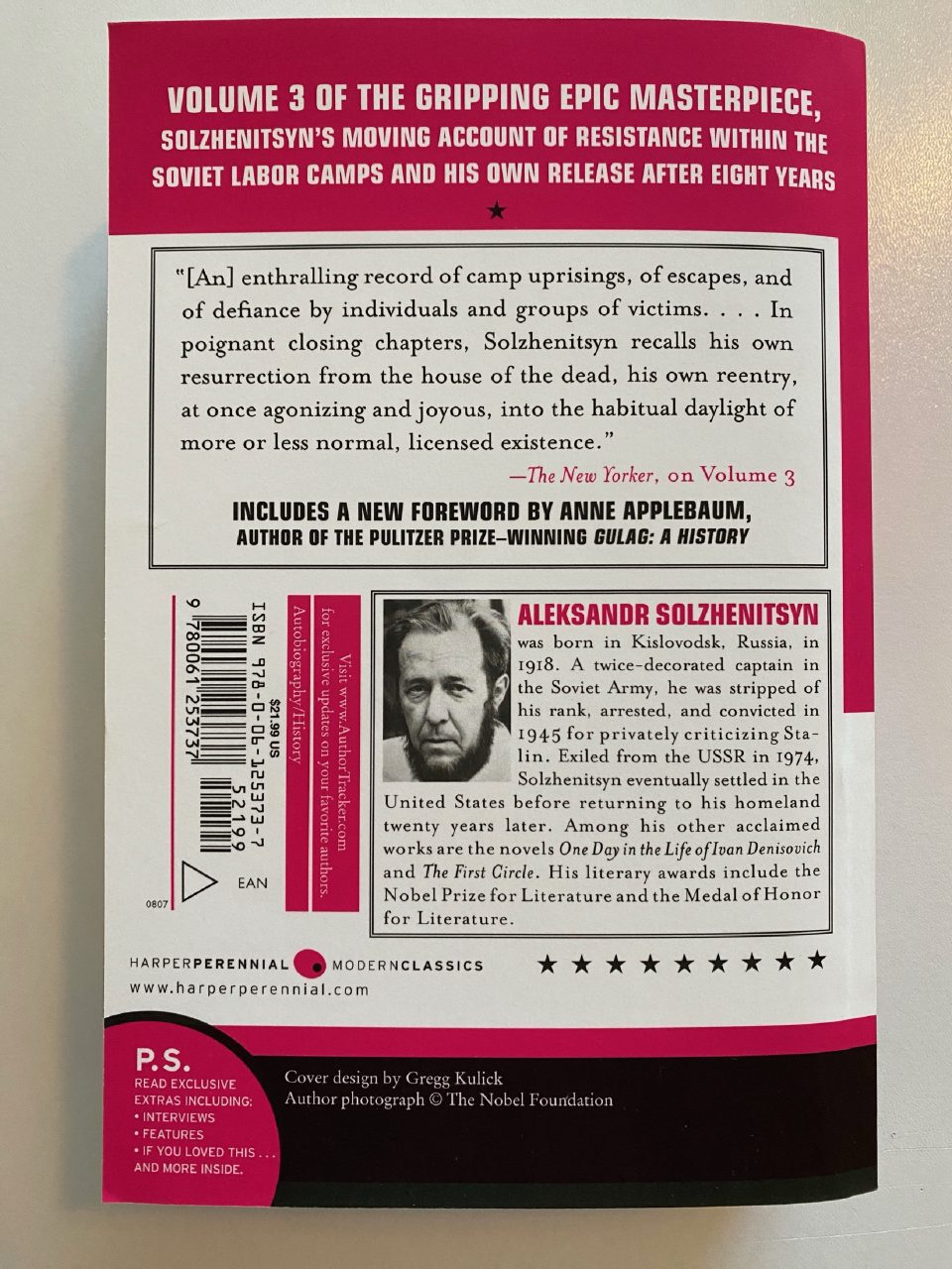 Back cover of Drew's copy of The Gulag Archipelago, Volume 3
