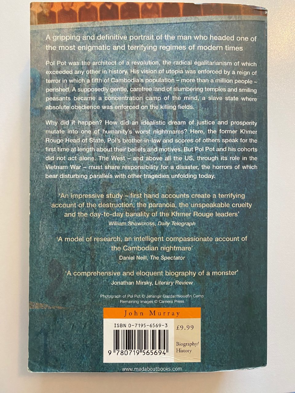 Back cover of Drew's copy of The History of a Nightmare: Pol Pot and the Khmer Rouge
