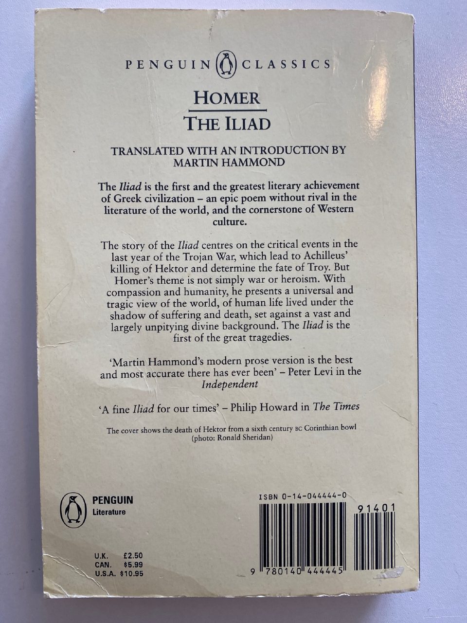 Back cover of Drew's copy of The Iliad