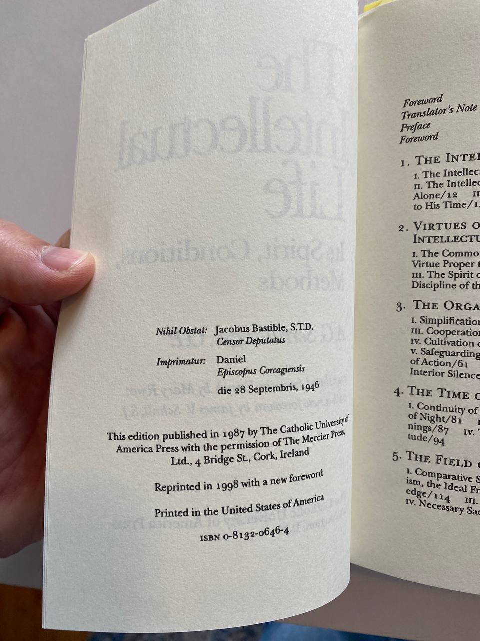Copyright page of Drew's copy of The Intellectual Life